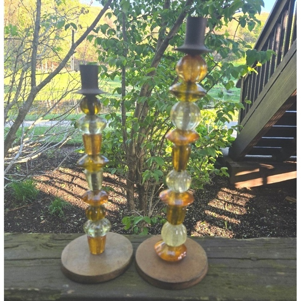 Northern Lights Santa Cruz Amber Citron 13" & 11.5" Glass Taper Candle Holders